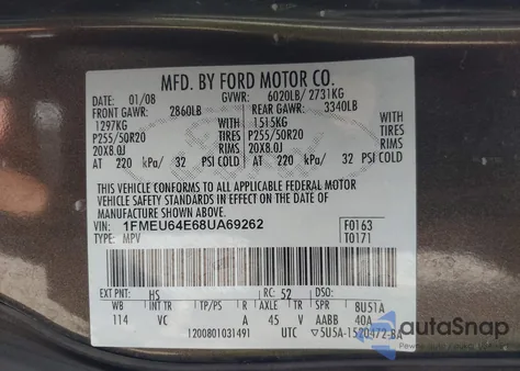 2008 Ford Explorer Eddie Bauer из США, поврежденный, VIN 1FMEU64E68UA69262